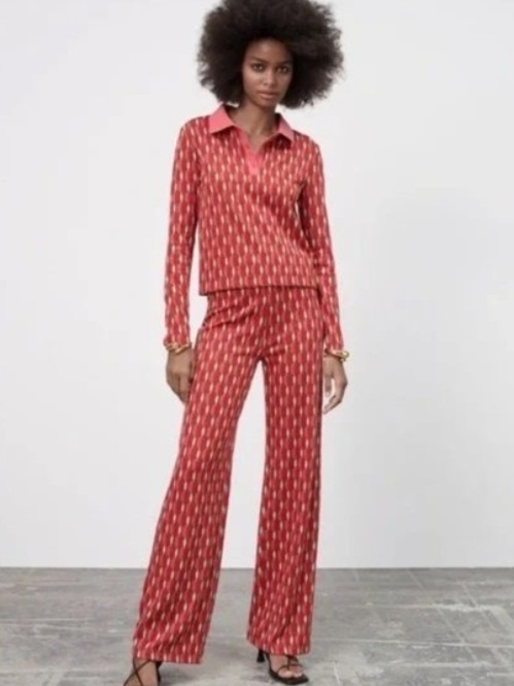 Zara Red Patterned Wide-Leg Pant.